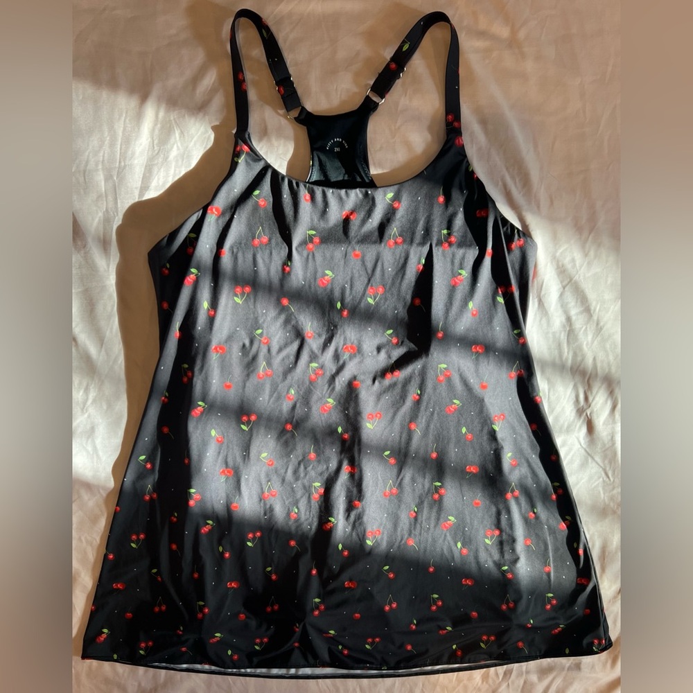 Kitty & Vibe Cherry Print Swim Dress Built In Shorts Pockets Modest Resort 2XL